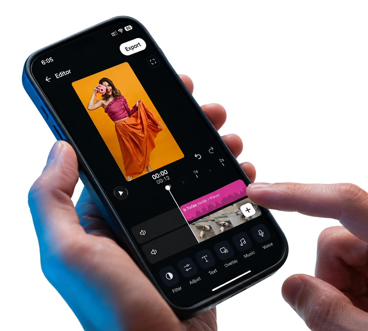 The Hoopr video editor: trim, music, text and crop tools